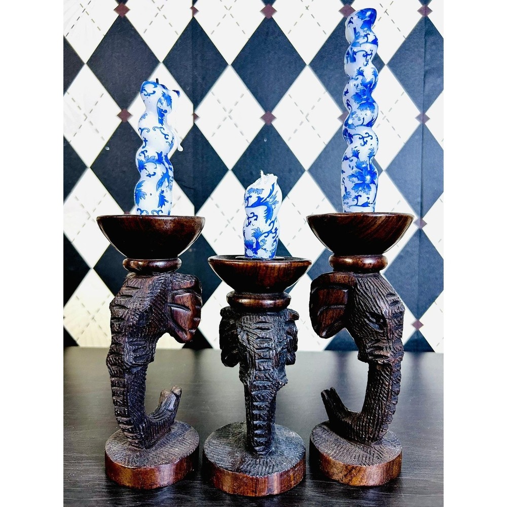 Hand Carved Zimbabwe Wooden Elephant Candle Holders Set of 3 African Safari - Picture 5 of 15